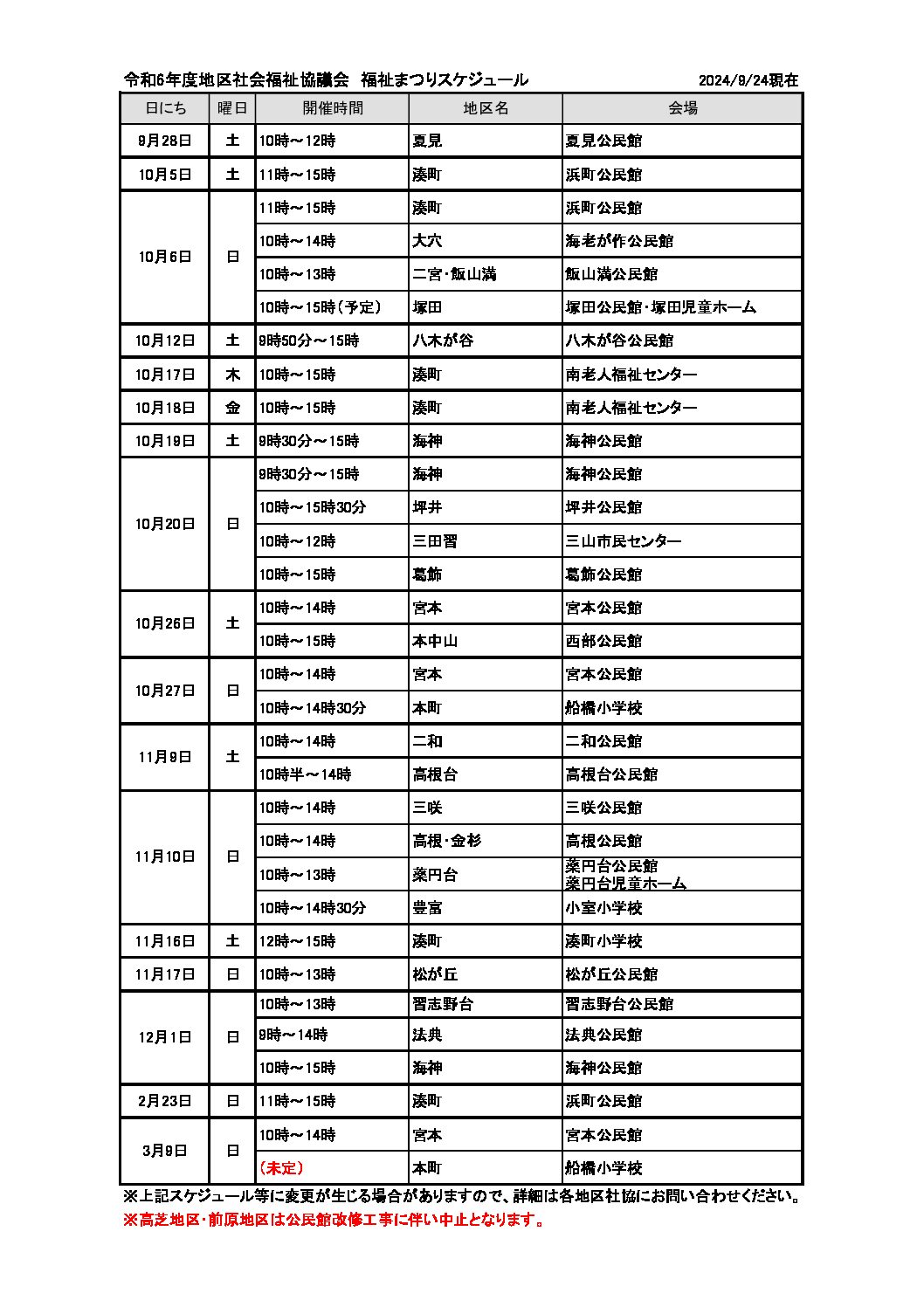 R6地区社協福祉まつり日程一覧（9.24現在）