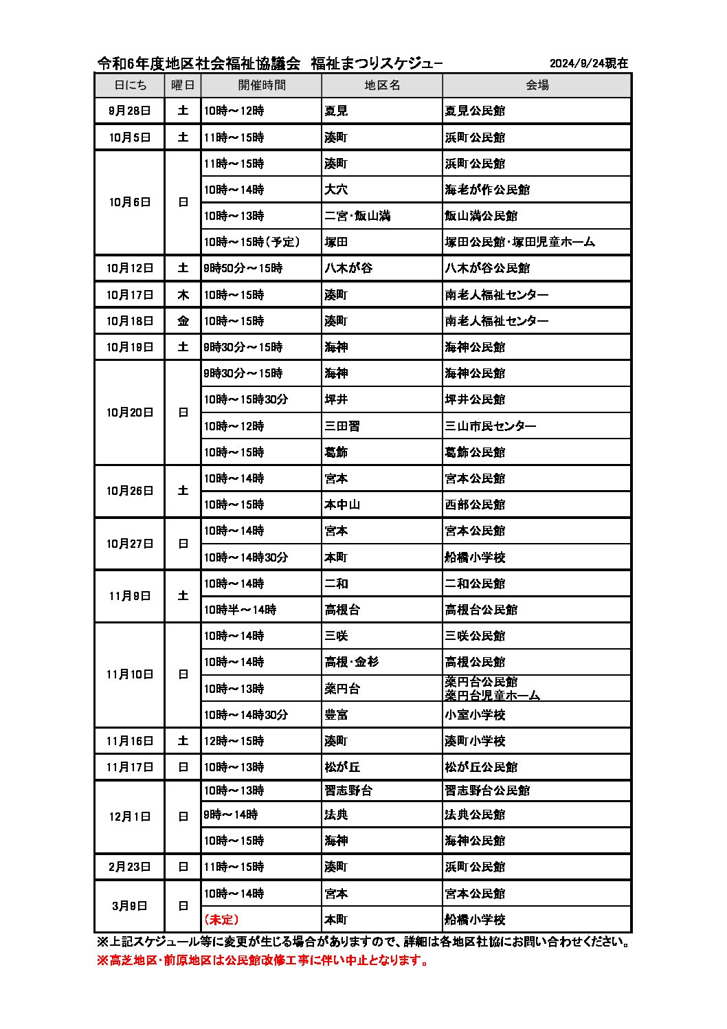 R6地区社協福祉まつり日程一覧（9.24現在）